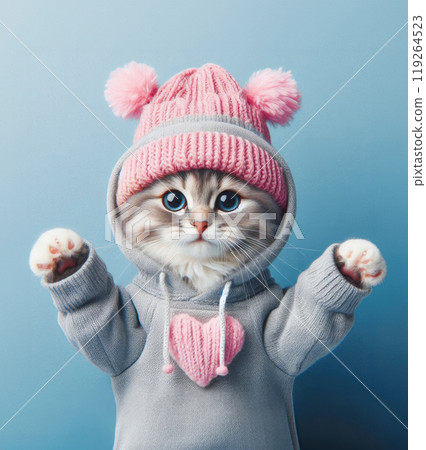 Gray cat in a sweatshirt and a pink hat with his paws raised up on a naked background 119264523