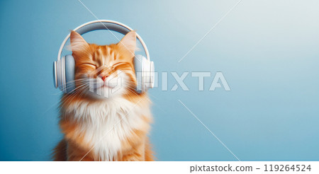 A red cat wearing wireless headphones sits on a blue background. 119264524