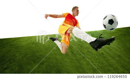 Young player kicks soccer ball mid-flight, showcasing his strength, control, and dedication to game. Dynamic photo. Young player kicks soccer ball mid-flight, showcasing his strength, control, and dedication to game. Dynamic photo. 119264650