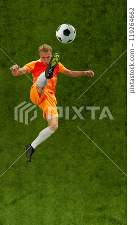 Professional footballer executes powerful mid-air kick, showcasing his strength and control against green field backdrop. 119264662
