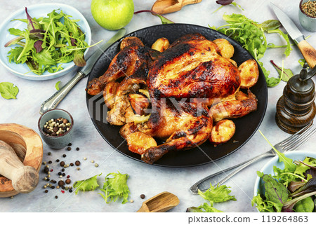 Whole baked chicken. 119264863