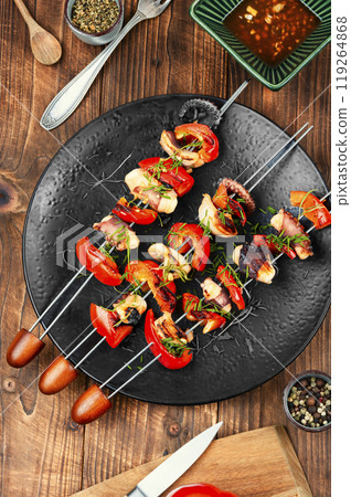 Skewers of squid tentacles, octopus. Skewers of squid tentacles, octopus. 119264868