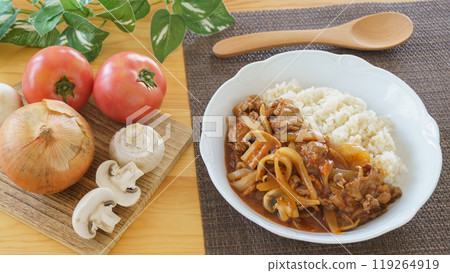 Hayashi rice and ingredients (tomato, mushroom, onion) Hayashi rice and ingredients (tomato, mushroom, onion) 119264919