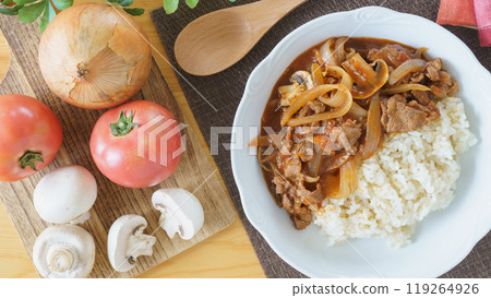 Hayashi rice and ingredients (tomato, mushroom, onion) 119264926