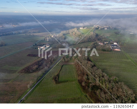 FRANCE, GIRONDE, AERIAL VIEW SAINTE-CROIX-DU-MONT, VILLAGE AND ITS VINEYARD, BORDEAUX VINEYARD 119265047