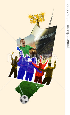Group of people, soccer fans emotionally cheering favorite football team in tribunes, supporting players. Contemporary art collage. 119265272