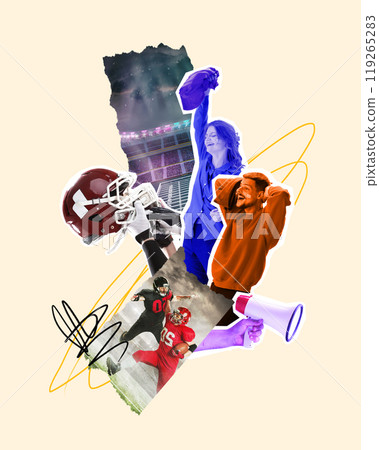 Smiling man and woman watching intense American football game, supporting favorite team with excitement. Contemporary art collage. Smiling man and woman watching intense American football game, supporting favorite team with excitement. Contemporary art collage. 119265283