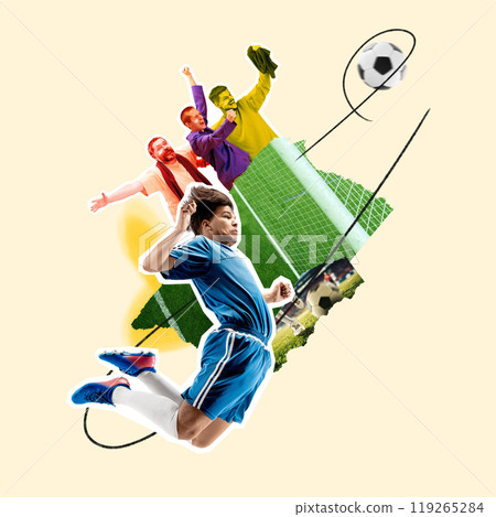 Focus on man, soccer player in blue uniform in men during game with fans cheering favorite team on background. Contemporary art collage. Focus on man, soccer player in blue uniform in men during game with fans cheering favorite team on background. Contemporary art collage. 119265284