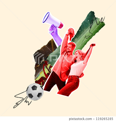 Happy emotional couple, man and woman supporting favorite soccer team on abstract stadium. Contemporary art collage. Happy emotional couple, man and woman supporting favorite soccer team on abstract stadium. Contemporary art collage. 119265285