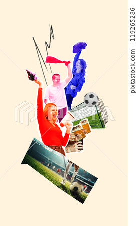Happy and excited girl, sport fans celebrating winning soccer game of favourite team. Supporters with beer. Contemporary art collage. Happy and excited girl, sport fans celebrating winning soccer game of favourite team. Supporters with beer. Contemporary art collage. 119265286