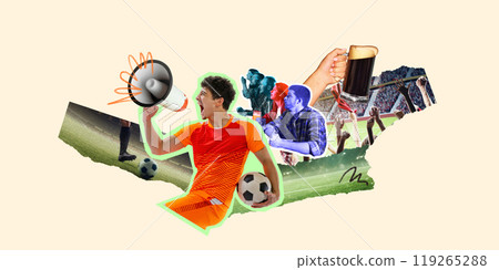 Emotional soccer player in orange uniform shouting in megaphone while team watching match with focus. Contemporary art collage. Emotional soccer player in orange uniform shouting in megaphone while team watching match with focus. Contemporary art collage. 119265288