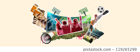 Three friends with drinks in hand, cheering from stands, watching soccer game with enthusiasm and excitement. Contemporary art collage. Three friends with drinks in hand, cheering from stands, watching soccer game with enthusiasm and excitement. Contemporary art collage. 119265299