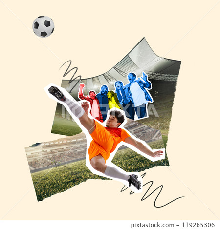 Focus on soccer player in motion kicking ball, group of fans in blue, red, and yellow cheer on background. Contemporary art collage. Focus on soccer player in motion kicking ball, group of fans in blue, red, and yellow cheer on background. Contemporary art collage. 119265306