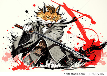 Artwork featuring a brave cat dressed as a samurai 119265407
