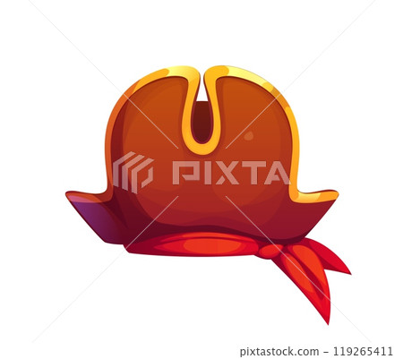 Cartoon pirate tricorn hat, vector corsair or captain cocked hat. Isolated seafarer headdress with red bandana. Buccaneer headgear, filibuster piracy costume. Vintage headdress for carnival party 119265411
