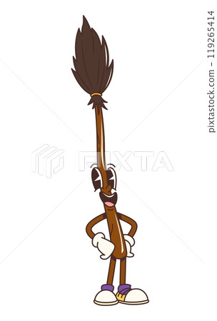 Groovy Halloween witch broom cartoon character for horror night holiday, vector retro comic. Funny groovy witch broomstick with happy smile for Halloween holiday monsters and retro cartoon character Groovy Halloween witch broom cartoon character for horror night holiday, vector retro comic. Funny groovy witch broomstick with happy smile for Halloween holiday monsters and retro cartoon character 119265414