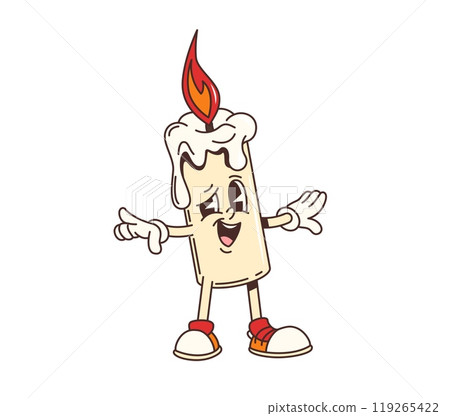 Groovy Halloween candle character with funny face for horror night holiday, cartoon vector. Funky groovy candle with silly smile or cool gesture for Halloween trick or treat character in retro cartoon Groovy Halloween candle character with funny face for horror night holiday, cartoon vector. Funky groovy candle with silly smile or cool gesture for Halloween trick or treat character in retro cartoon 119265422