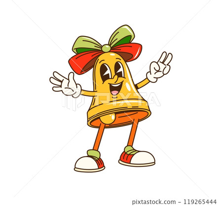 Cartoon groovy Christmas jingle bell character with big bow, striking a pose with a playful facial expression. Isolated vector golden bell with festive adornments knoll and exudes retro holiday spirit Cartoon groovy Christmas jingle bell character with big bow, striking a pose with a playful facial expression. Isolated vector golden bell with festive adornments knoll and exudes retro holiday spirit 119265444