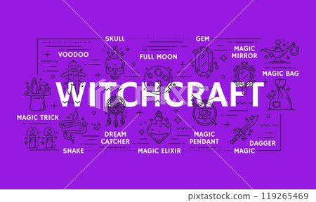 Mystery esoteric witchcraft and magic icons or symbols. Vector linear signs of full moon, magic mirror, bag, trick, dream catcher, elixir and pendant, dagger, snake or skull mysterious witchery itemsV Mystery esoteric witchcraft and magic icons or symbols. Vector linear signs of full moon, magic mirror, bag, trick, dream catcher, elixir and pendant, dagger, snake or skull mysterious witchery itemsV 119265469