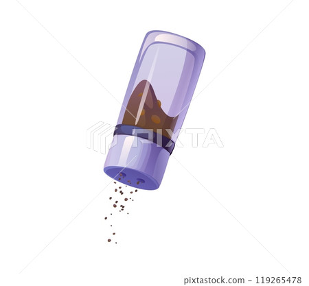 Pepper shaker tilted at an angle, dispensing a few grains of ground pepper showing cooking process. Isolated cartoon vector glass bottle with spices, functional dispenser for culinary and kitchen 119265478