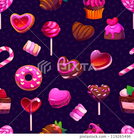 Valentine heart and pink candy sweets seamless pattern, vector cartoon background. Love lollipop caramels pattern for Valentine day of pink donut with strawberry in chocolate and heart cake biscuits 119265496