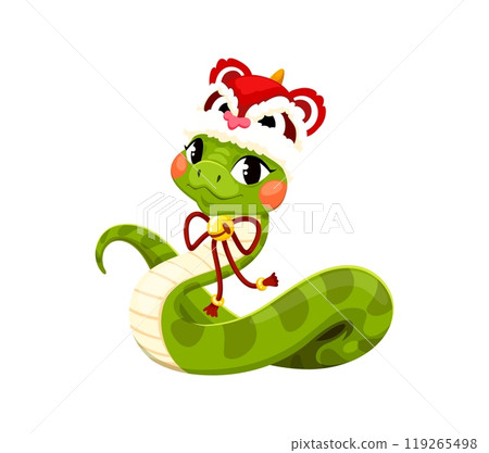 Cartoon green snake character in festive hat with traditional Chinese elements, evoking joy and prosperity. Isolated vector reptile, symbol of China lunar year 2025 capture spirit of Asian celebration 119265498