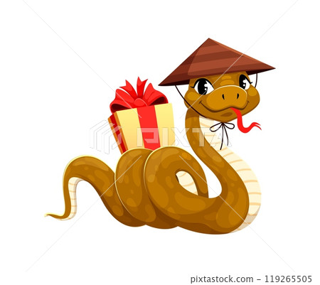 Cartoon snake character wearing traditional hat holds a gift, celebrating the Chinese Lunar Year 2025. Vector cute festive reptile representing joy, cultural holiday celebration and animal zodiac sign Cartoon snake character wearing traditional hat holds a gift, celebrating the Chinese Lunar Year 2025. Vector cute festive reptile representing joy, cultural holiday celebration and animal zodiac sign 119265505