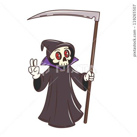 Groovy Halloween death reaper character for holiday horror monsters, vector retro cartoon. Funky groovy death reaper with scythe, happy smiling skeleton skull face and peace sign gesture for Halloween Groovy Halloween death reaper character for holiday horror monsters, vector retro cartoon. Funky groovy death reaper with scythe, happy smiling skeleton skull face and peace sign gesture for Halloween 119265507