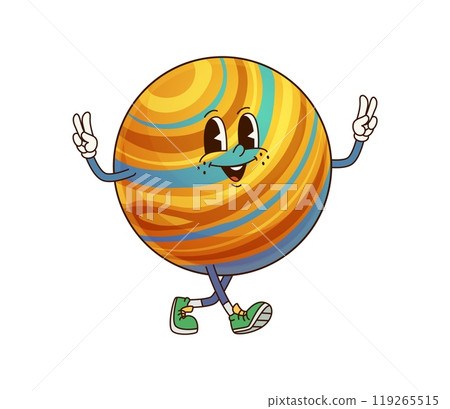 Jupiter solar system groovy planet character smiling and waving hands. Isolated cartoon vector trendy space object with retro 60s and 70s vibes and colorful rings on its surface, flashing peace signs Jupiter solar system groovy planet character smiling and waving hands. Isolated cartoon vector trendy space object with retro 60s and 70s vibes and colorful rings on its surface, flashing peace signs 119265515