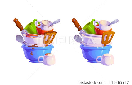 Dirty and clean restaurant dishes or kitchen plates stack for wash, cartoon vector. Dirty and clean dishes pile of cups and tableware, plates before and after dishwashing with food stains or leftovers 119265517
