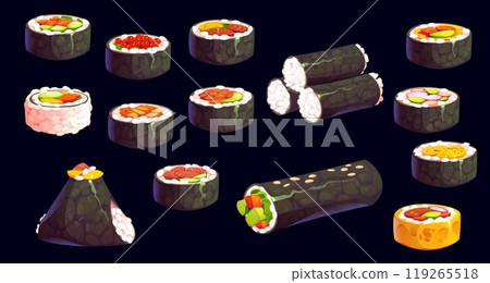 Cartoon Korean cuisine kimbap set. Vector Asian rolls, showcasing different delicious ingredients like vegetables, fish and rice. Each piece is appetizing and representing traditional cuisine of Korea 119265518