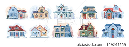 Christmas winter house facade exteriors with snow and trees. Xmas holiday town street vector buildings with snowy roofs, Christmas decorations, wreaths, garlands and lights on doors and windows Christmas winter house facade exteriors with snow and trees. Xmas holiday town street vector buildings with snowy roofs, Christmas decorations, wreaths, garlands and lights on doors and windows 119265539