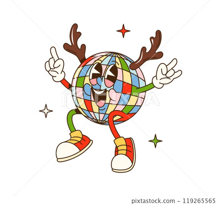 Cartoon groovy Christmas disco ball character. Vector festive retro personage with colorful facets, reindeer horns and cheerful smile happily dancing adds playful and lively vibe to xmas celebration 119265565