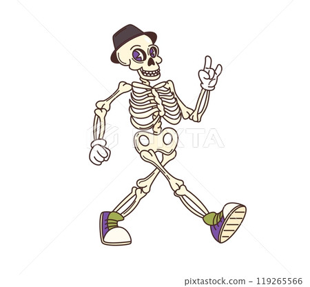 Groovy Halloween skeleton cartoon character walking in hipster shoes, vector retro comic. Funky groovy dead skeleton with ILY I love You hippie sign gesture and happy skull smile for Halloween holiday Groovy Halloween skeleton cartoon character walking in hipster shoes, vector retro comic. Funky groovy dead skeleton with ILY I love You hippie sign gesture and happy skull smile for Halloween holiday 119265566