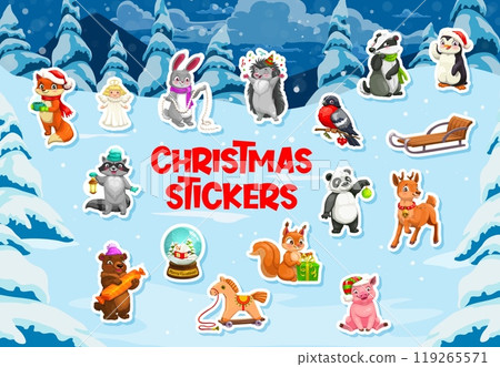 Stickers pack of funny Christmas animals dressed for the holiday season with festive gifts and items. Cartoon vector cute fox, reindeer, penguin and bear, squirrel or panda at snowy forest landscape 119265571