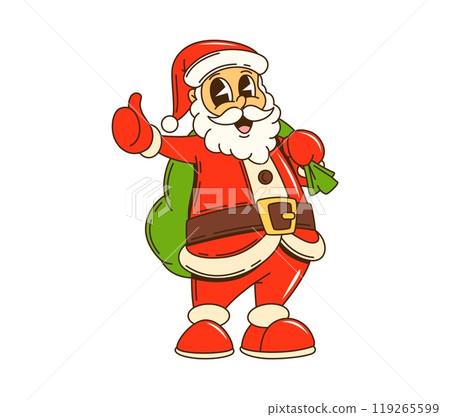 Cartoon groovy Christmas Santa character with gifts bag and thumbs up exudes funky holiday cheer. Isolated vector retro hippie Noel personage in traditional suit spreads joy during xmas holiday season 119265599