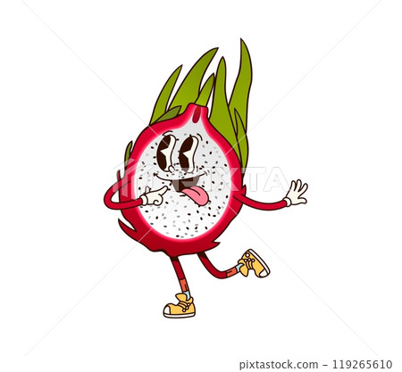Cartoon retro groovy funny pitahaya dragon fruit character with funky face, comic vector. Groovy dragon fruit or pitaya with tongue out and quirky yummy smile expression for comic retro cartoon fruit Cartoon retro groovy funny pitahaya dragon fruit character with funky face, comic vector. Groovy dragon fruit or pitaya with tongue out and quirky yummy smile expression for comic retro cartoon fruit 119265610
