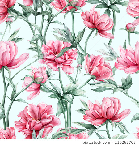 Seamless pattern with watercolor bouquet of pink peony flowers in full bloom. Hand drawn illustration beautiful floral flower. Repeat wallpaper with summer botanical plant on isolated. Seamless pattern with watercolor bouquet of pink peony flowers in full bloom. Hand drawn illustration beautiful floral flower. Repeat wallpaper with summer botanical plant on isolated. 119265705