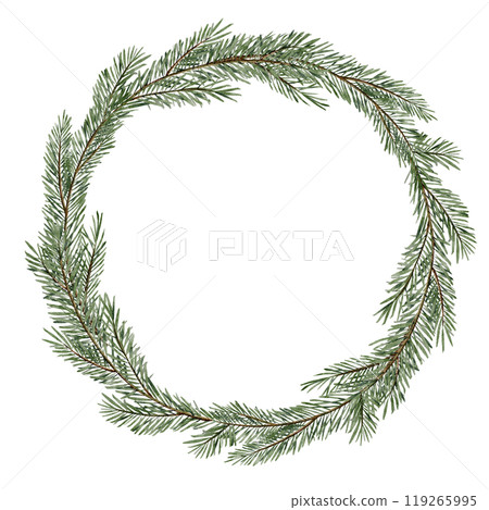 Christmas tree branches wreath. Watercolor illustration of Template with fir twigs for holiday greeting cards or party invitations on isolated background. Drawing of round border for New Year design. Christmas tree branches wreath. Watercolor illustration of Template with fir twigs for holiday greeting cards or party invitations on isolated background. Drawing of round border for New Year design. 119265995