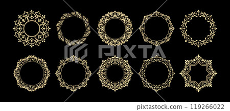 Set of decorative frames Elegant vector element for design in Eastern style, place for text. Floral black and golden borders. Lace illustration for invitations and greeting cards 119266022