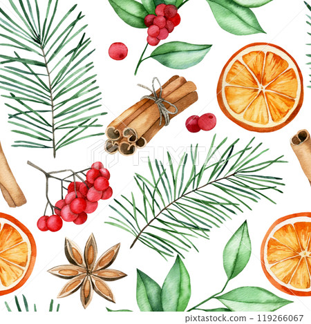 watercolor seamless Christmas pattern with ingredients for mulled wine. cinnamon, dried orange, berries and spruce branches 119266067