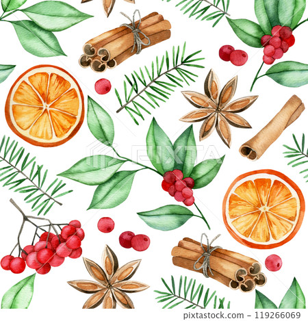 watercolor seamless Christmas pattern with ingredients for mulled wine. cinnamon, dried orange, berries and spruce branches 119266069