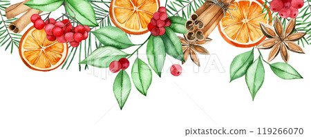 watercolor seamless Christmas border with ingredients for mulled wine. cinnamon, dried orange, berries and spruce branches 119266070