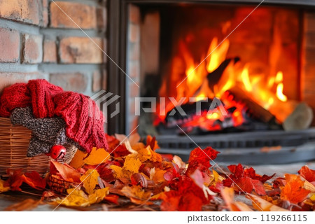 Autumn on background of warm fireplace. Generative AI. 119266115
