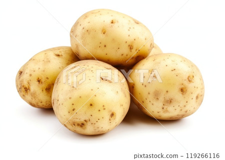 Set fresh raw whole potatoes isolated on white. Generative AI. Set fresh raw whole potatoes isolated on white. Generative AI. 119266116