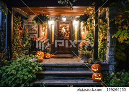 House porch decorated for Halloween. Generative AI. 119266263