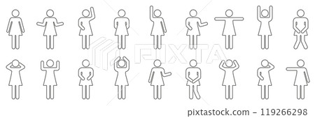 Woman Stick Figure with Different Gestures and Poses Outline Symbol. Human Figure Line Icons Set in Various Poses. Editable Stroke. Isolated Vector Illustration 119266298