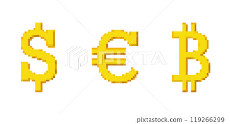 Pixel Art Coins of Dollar, Bitcoin, and Euro. Golden Retro Pixelated Currency Coins Icon Set. Isolated Vector Illustration 119266299