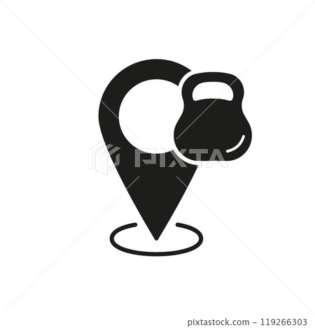 Fitness and Exercise Location, Kettlebell and Map Pin Silhouette Icon. Gym or Fitness Center for Workouts and Physical Activity Glyph Pictogram. Isolated Vector Illustration Fitness and Exercise Location, Kettlebell and Map Pin Silhouette Icon. Gym or Fitness Center for Workouts and Physical Activity Glyph Pictogram. Isolated Vector Illustration 119266303
