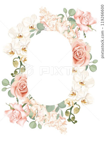 A wedding vector frame with flowers pink roses, white orchids, and delicate hydrangeas. 119266600